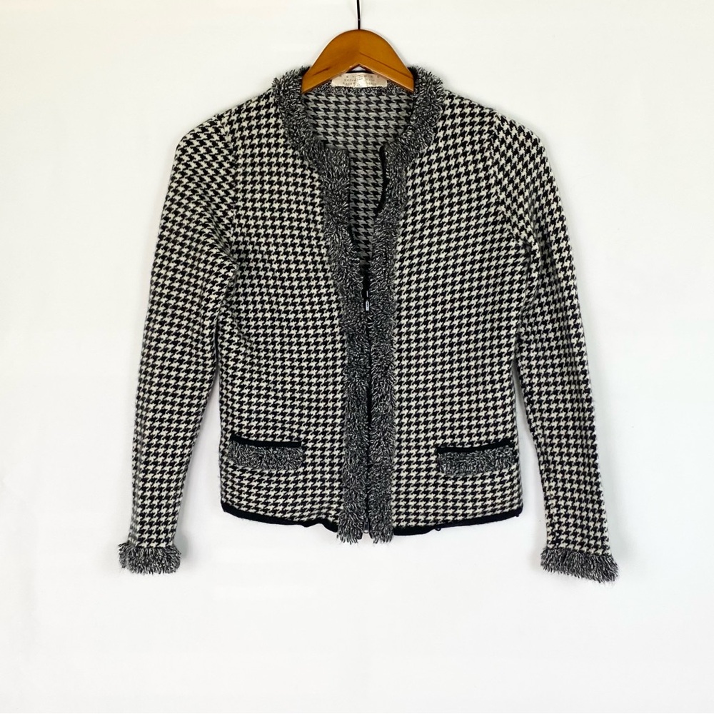 Black & White Houndstooth Fringe Trim Cardigan Sweater